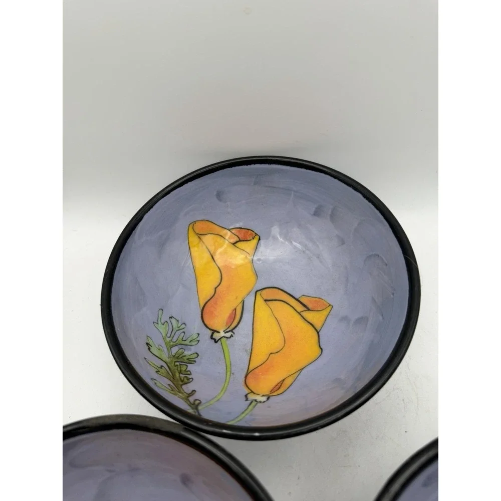 Set of 3 Hand Painted Art Pottery Bowls Purple Poppy Ladybug Signed Studio
